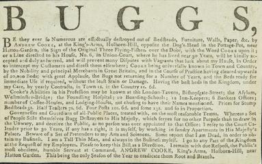 Trade card for a 'Bug Destroyer' Andrew Cooke, London, England, 1770-1779