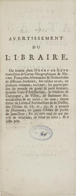 Trade card: Henry de Leth.  Advertisement in French. c1735. Seller of maps