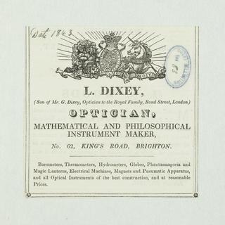 Trade card: L. Dixey, Optician, Mathematical and Philosophical Instrument Maker