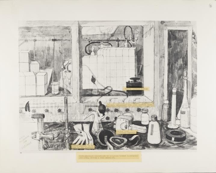 Drawing titled Radiochemical experiment in progress