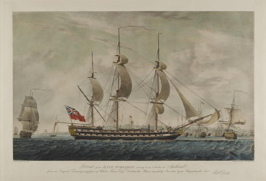Coloured engraving:- East Indiaman ....at Spithead