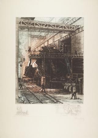 Tinted etching showing processes in a steelworks