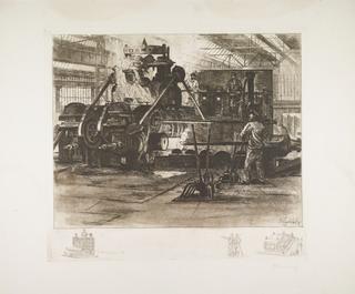 Tinted etching showing processes in a steelworks