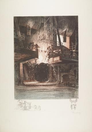 Tinted etching showing processes in a steelworks