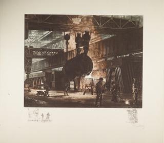 Tinted etching showing processes in a steelworks