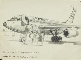 Crayon drawing of passengers boarding an airliner