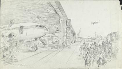 Pencil drawing: BOAC comet in hangar servicing.   1952 to 1953.   Illustrated London News