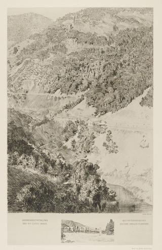 Etching of Construction work on mountain railway lines and tunnels in St Lucia