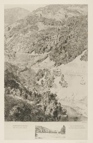 Etching of Construction work on mountain railway lines and