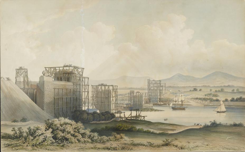 One large coloured lithograph of Britannia Tubular Bridge over