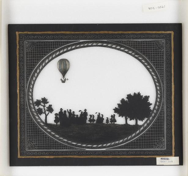 Reverse painting on glass. [Balloon Ascent at Cremorne Gardens]