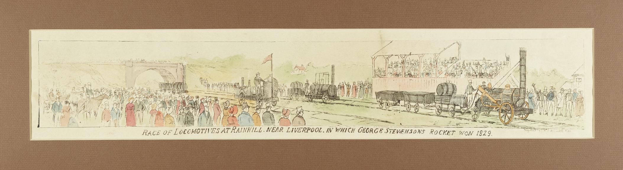 Print of locomotives at Rainhill trials, 1829