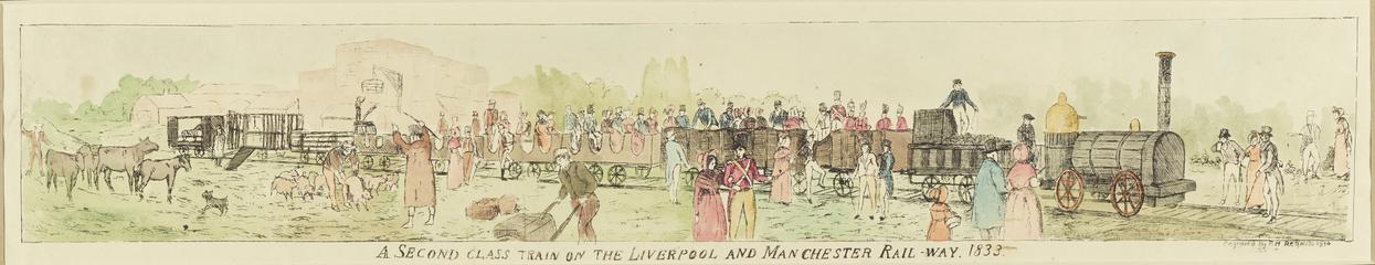 Print, etching of early railways: A Second Class Train on the Liverpool and Manchester Railway