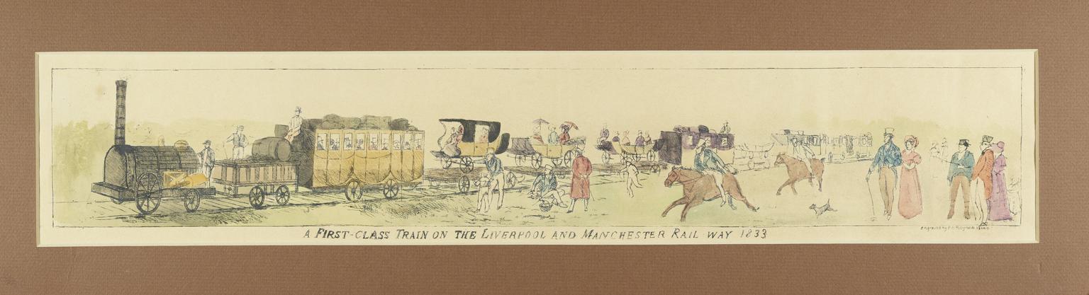 Print, etching of early railways: A First Class Train on the Liverpool ...