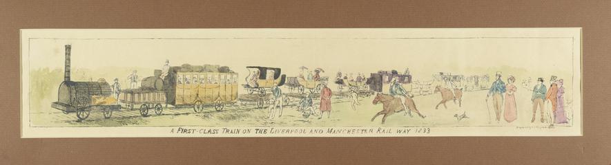 Print, etching of early railways: A First Class Train on the Liverpool and Manchester Railway