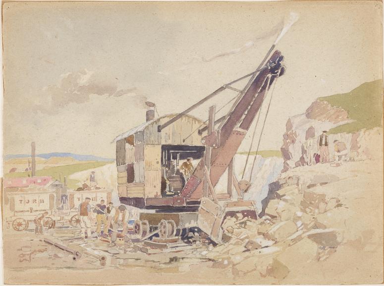 Watercolour: Steam crane at work. Scar House Reservoir