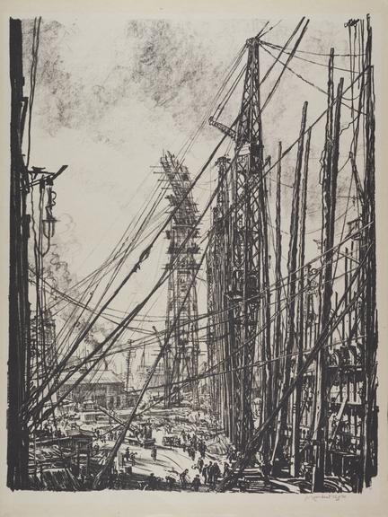 Print, lithograph, A Shipyard by Muirhead Bone c1917