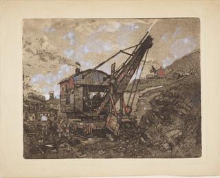 Etching with bodycolour: Steam crane at work. Scar House Reservoir