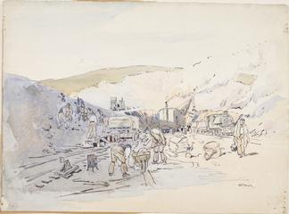 Ink and watercolour: Excavating a hillside by steam crane. Scar House Reservoir