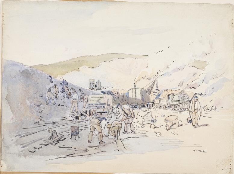 Ink and watercolour: Excavating a hillside by steam crane