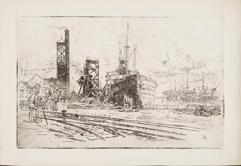 Etching by David Rose. Print shows dock