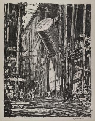 Print, lithograph, Hoisting a tank by Muirhead Bone c1917