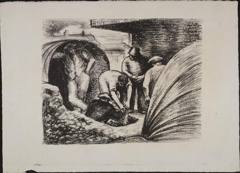 Lithograph, [Roadmenders] depicting five workmen working on
