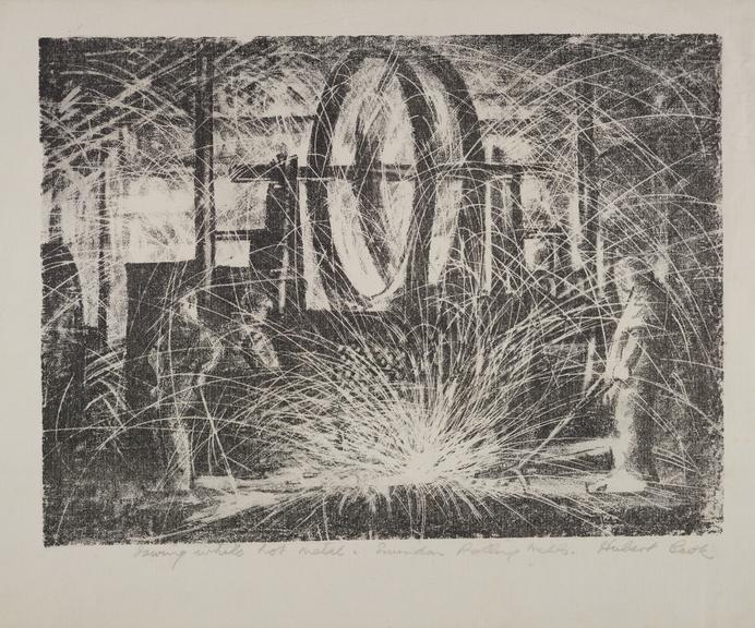 Lithograph, 'Sawing white hot metal: Swindon Rolling Mills'