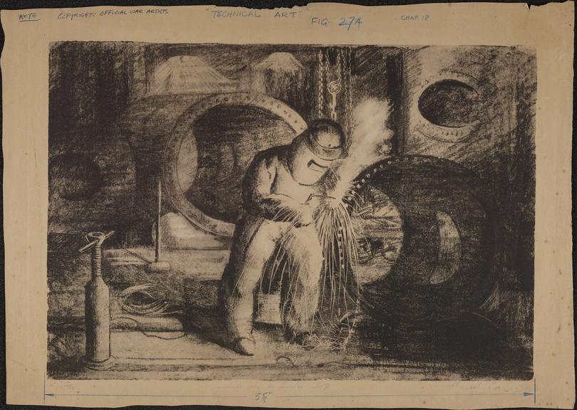 Lithograph, 'A welder in a boiler shop' by Hubert Cook