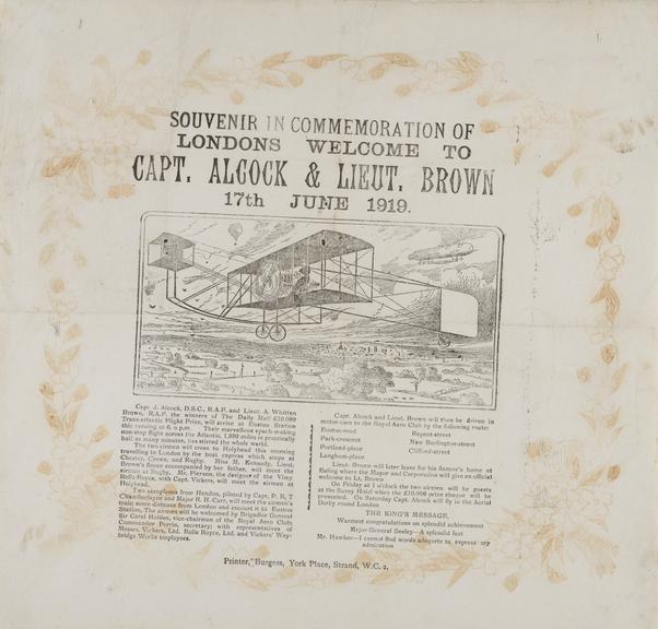Souvenir serviette commemorating the Alcock and Brown transatlantic flight