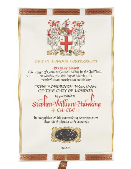 The City of London Freedom Scroll awarded to Stephen William Hawking