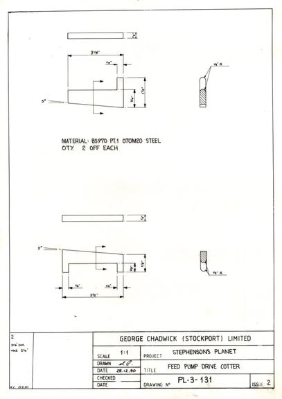 Drawing of feed pump drive cotter, Planet locomotive