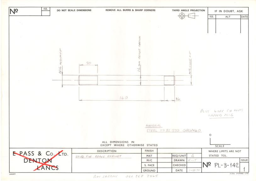 Drawing of stud for brake bracket, Planet