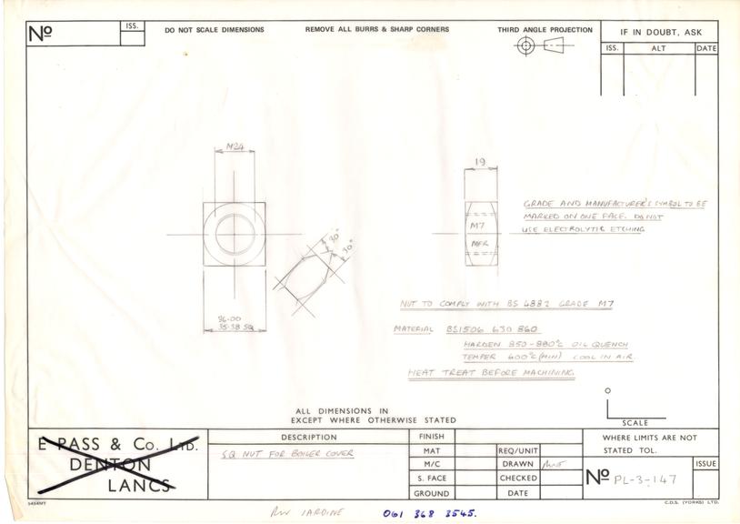 Drawing of square nut for boiler cover, Planet locomotive