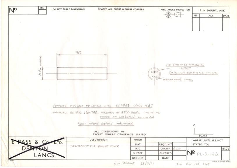 Drawing of the studbolt for boiler cover, Planet locomotive