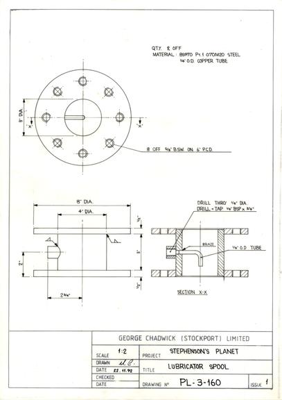 Drawing of lubricator spool, Planet locomotive