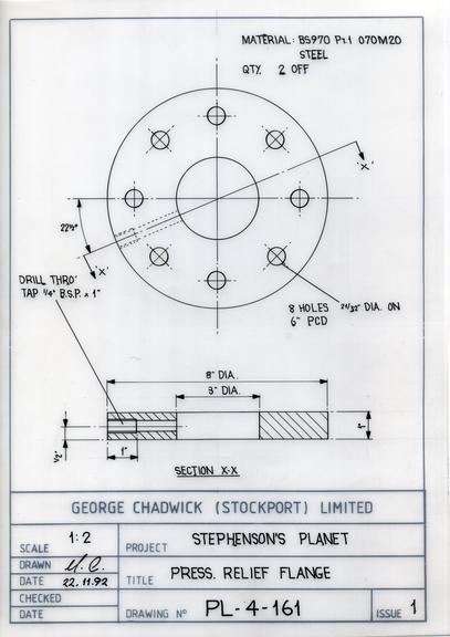 Drawing of pressure relief flange, Planet locomotive