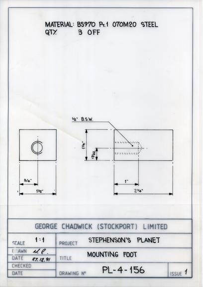 Drawing of mounting foot, Planet locomotive