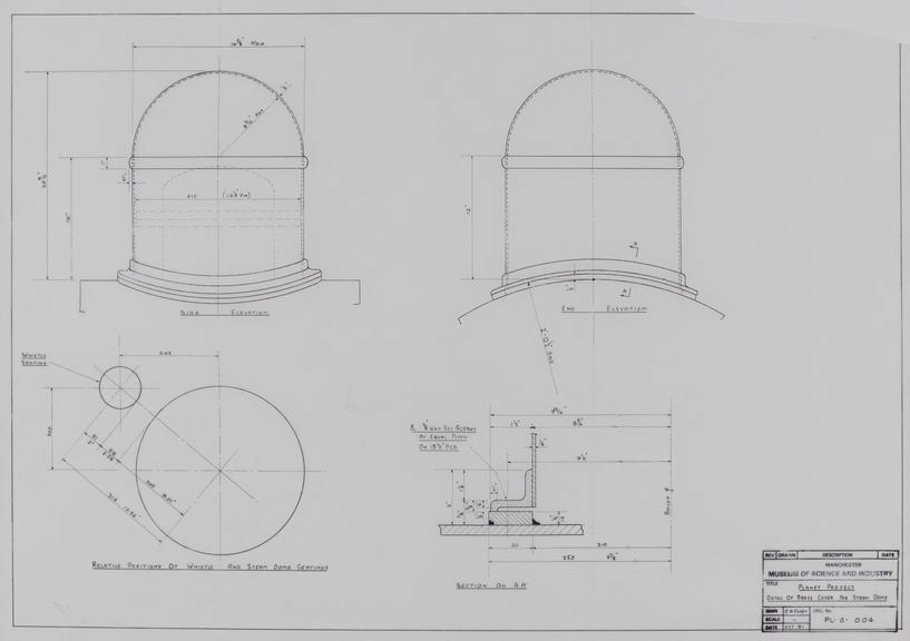 Drawing of details of brass cover for steam dome