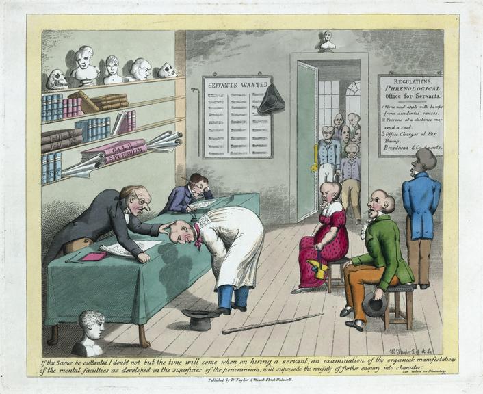 Print showing a phrenological consulting room for servants, England, 1805-1830