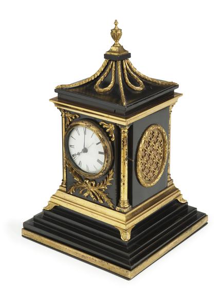 Small musical table clock (duplex escapement; spring clock; musical clock)