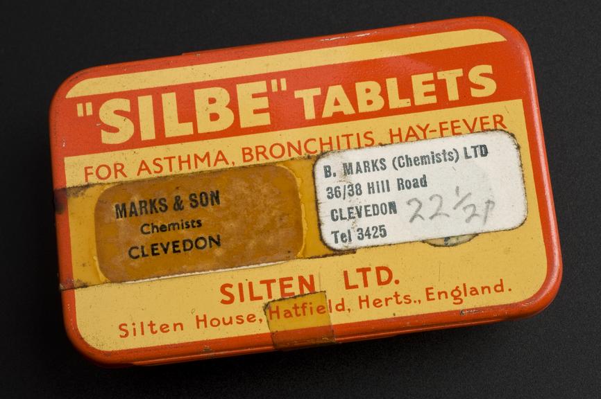 Tin of Silbe tablets for asthma etc., by Silten Ltd