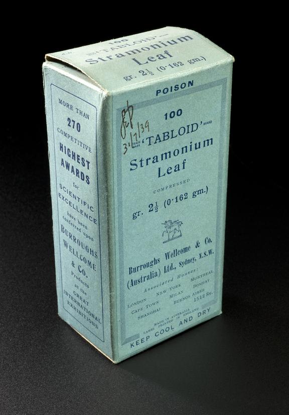 Box containing bottle of "Tabloid" Stramonium Leaf, dummy pack