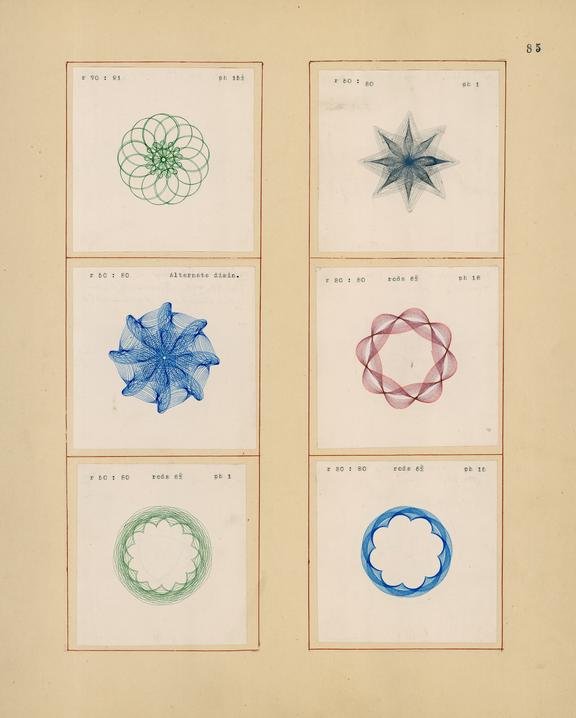 Scrapbook of spirograph drawings made with harmonograph