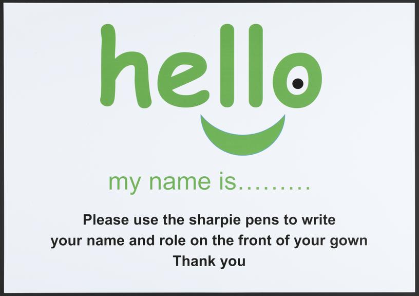 A3 sign saying "hello my name is…