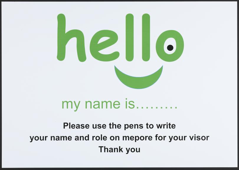 A3 sign saying "hello my name is…