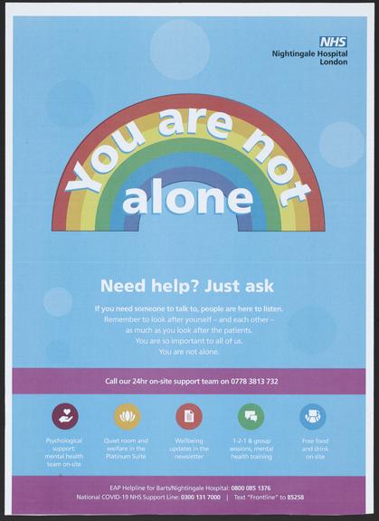 A4 printed poster with "You are not alone. Need help