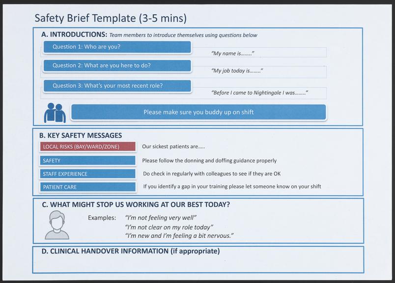 A4 printed sheet for a "Safety Brief Template" lasting 3-5