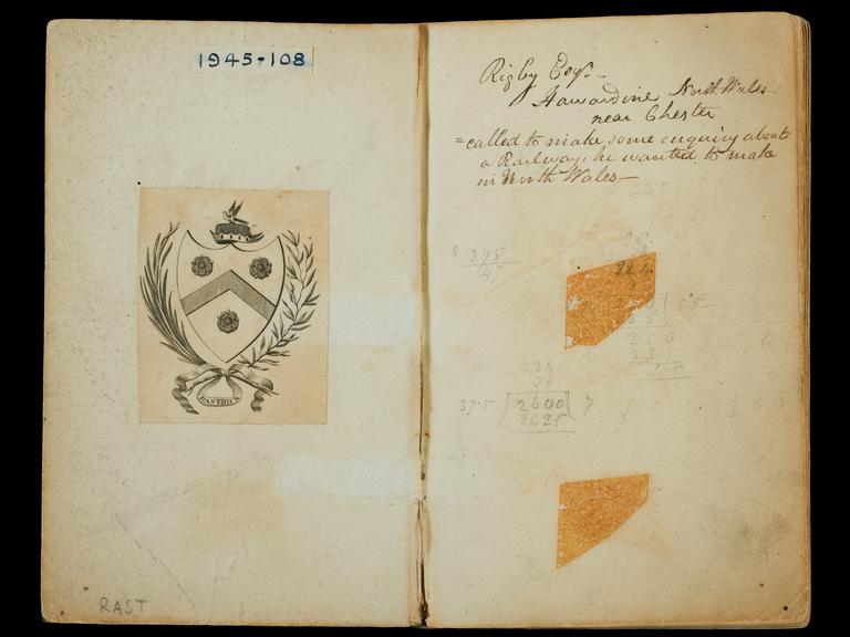 Rear of front cover and first front flyleaf of the Notebook of John Urpeth Rastrick