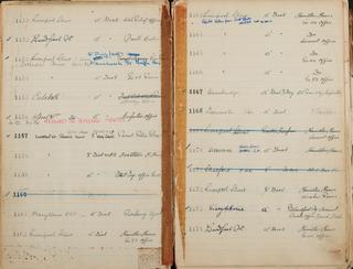 Pages 97 and 98 of London & North Eastern Railway and successors clock record ledger no. 1 covering clock nos. 1151 to 1174